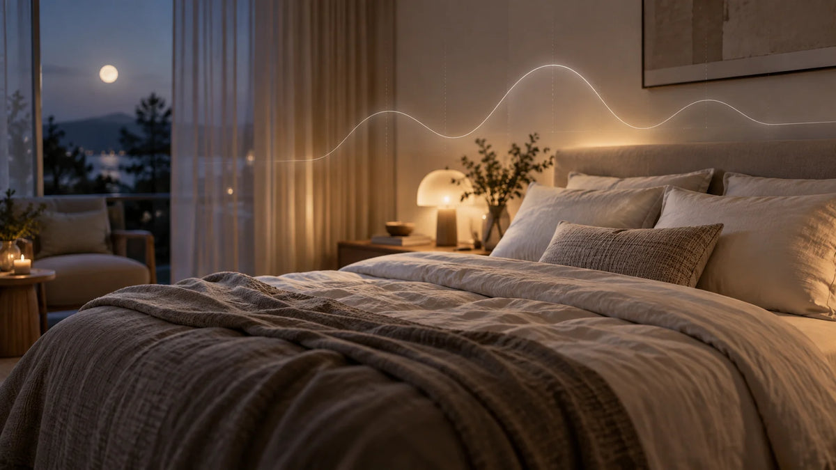 Ruhiges Schlafzimmer bei Nacht als Symbol für gesunden Schlaf und Schlafphasen
