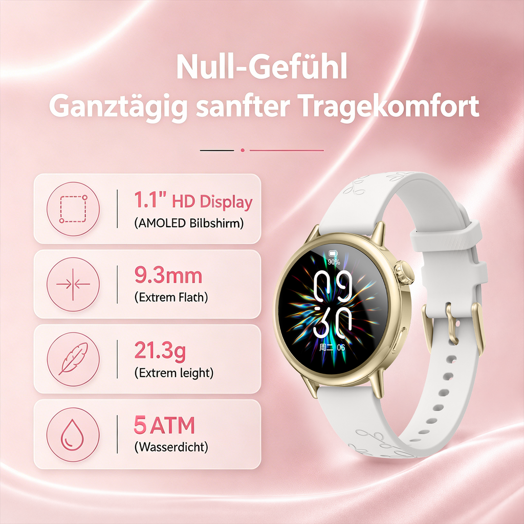 SAYDIAN Damen Smartwatch mit AMOLED-Display und Bluetooth-Anrufen – Weiß/Gold
