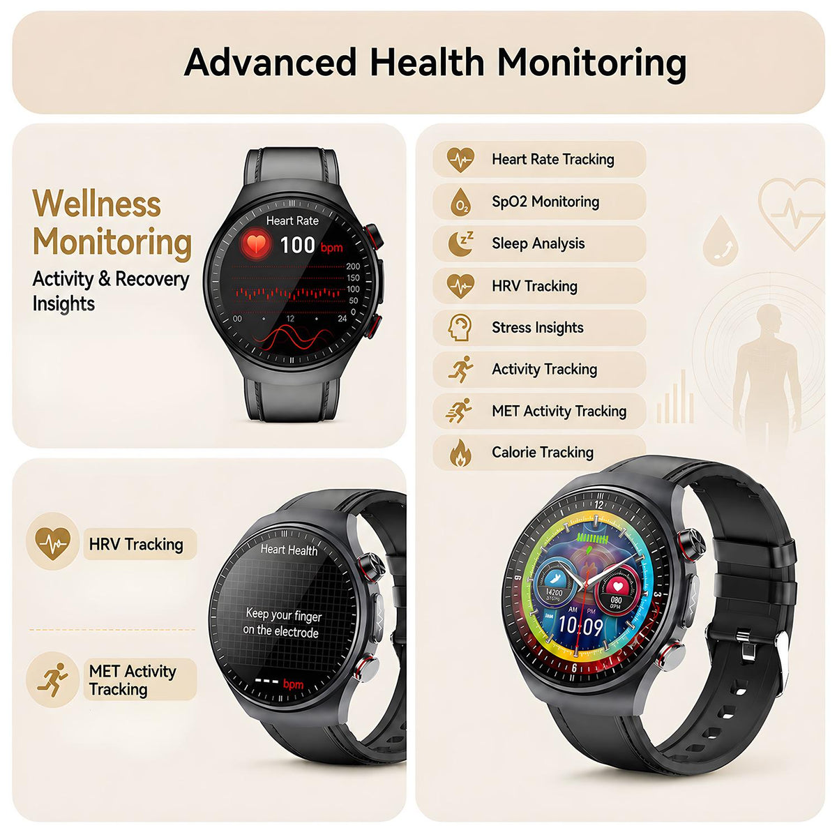 Smart Watch with ECG, Blood Glucose & Blood Pressure Monitor, Bluetooth Calling Fitness Tracker with 1.43" AMOLED Screen, 100+ Sports Modes, IP68 Waterproof, Heart Rate Tracker for Men Women, Compatible with iPhone & Android