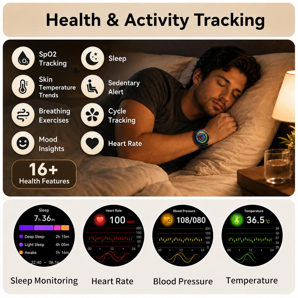 Smart Watch with ECG, Blood Glucose & Blood Pressure Monitor, Bluetooth Calling Fitness Tracker with 1.43" AMOLED Screen, 100+ Sports Modes, IP68 Waterproof, Heart Rate Tracker for Men Women, Compatible with iPhone & Android