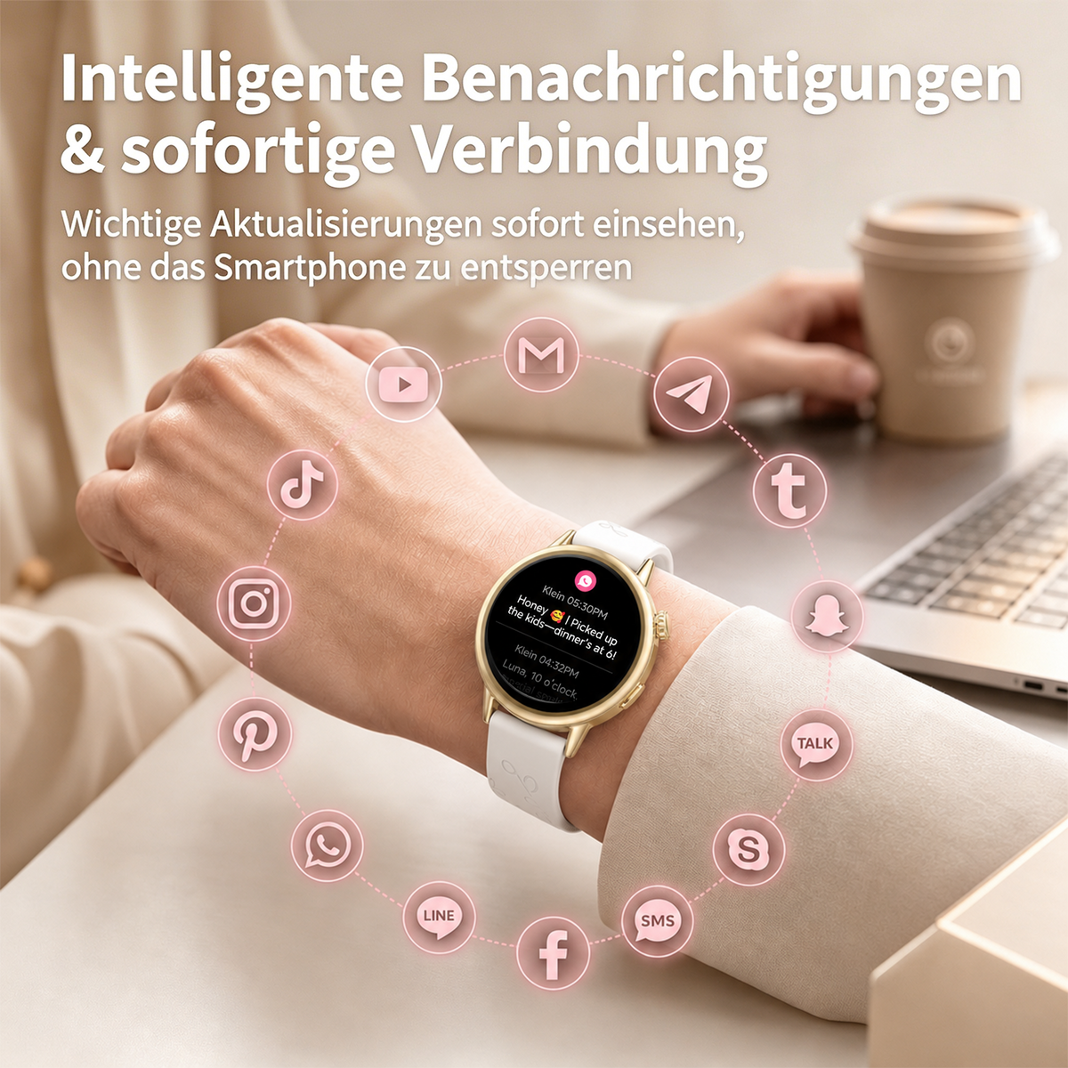 SAYDIAN Damen Smartwatch mit AMOLED-Display und Bluetooth-Anrufen – Weiß/Gold
