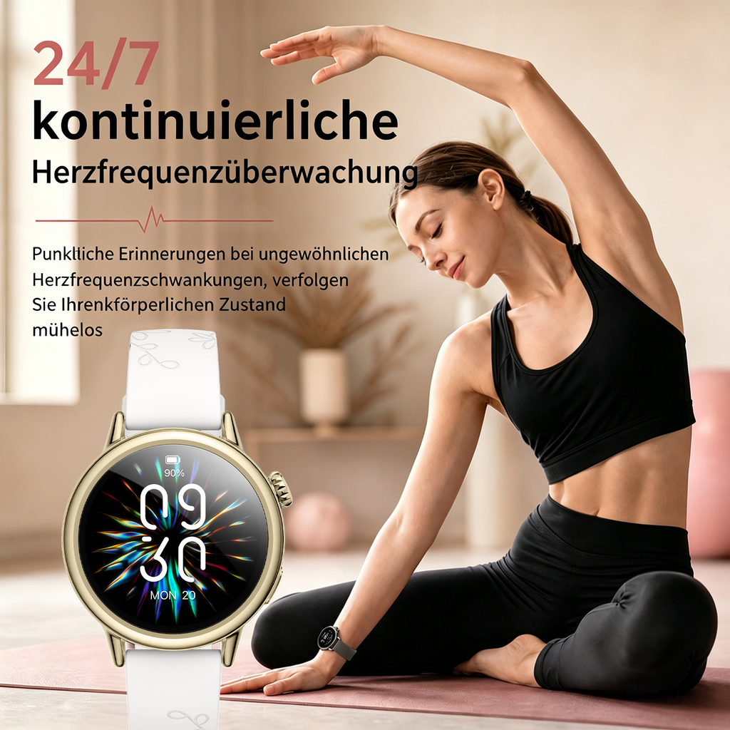 SAYDIAN Damen Smartwatch mit AMOLED-Display und Bluetooth-Anrufen – Weiß/Gold