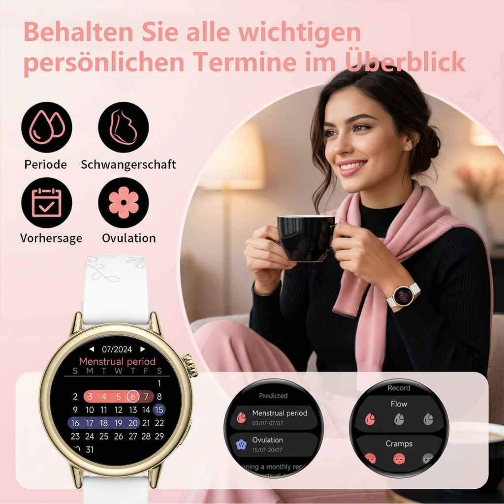 SAYDIAN Damen Smartwatch mit AMOLED-Display und Bluetooth-Anrufen – Weiß/Gold
