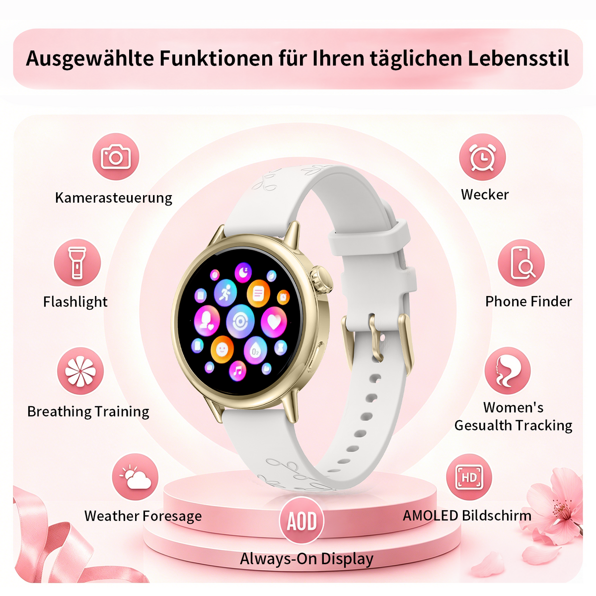 SAYDIAN Damen Smartwatch mit AMOLED-Display und Bluetooth-Anrufen – Weiß/Gold