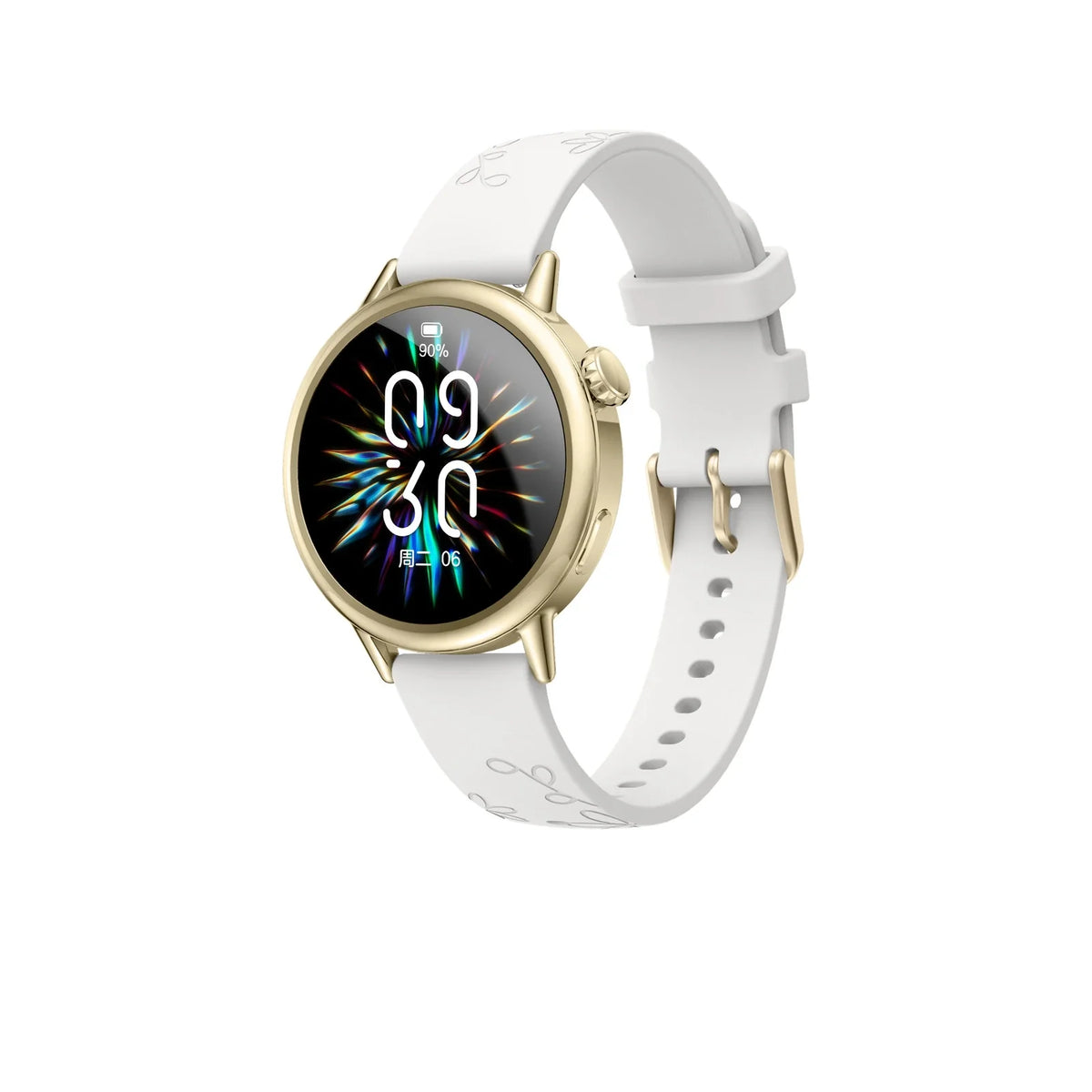 SAYDIAN women's AMOLED smart watch in white and gold on a white background