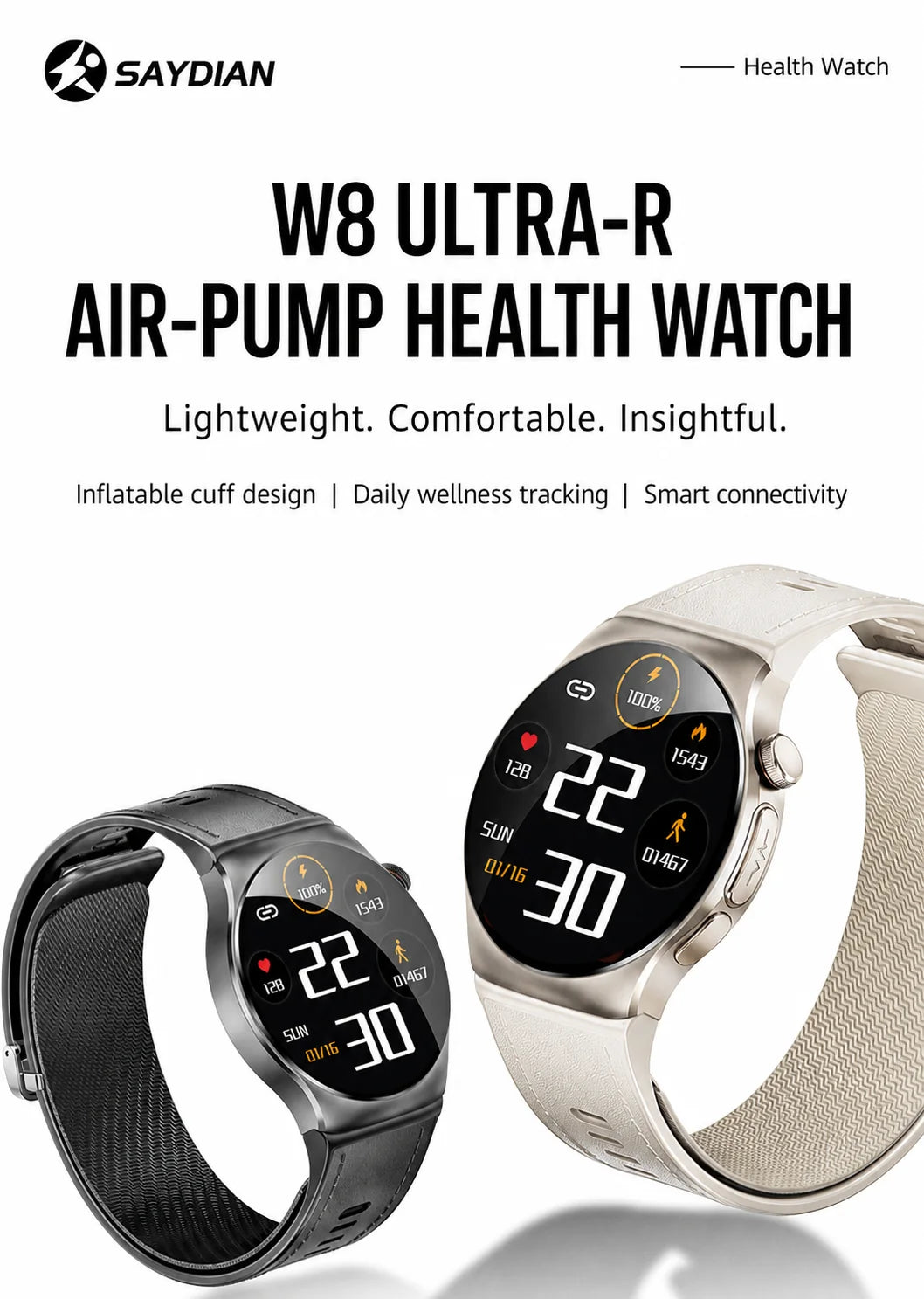SAYDIAN W8Ultra-R Smart Blood Pressure Watch | Outdoor Health Wearable, Heart Rate Sleep Temperature Detection