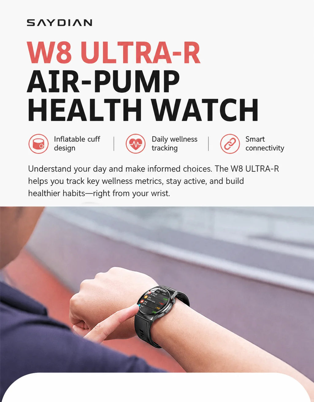 SAYDIAN W8Ultra-R Smart Blood Pressure Watch | Outdoor Health Wearable, Heart Rate Sleep Temperature Detection