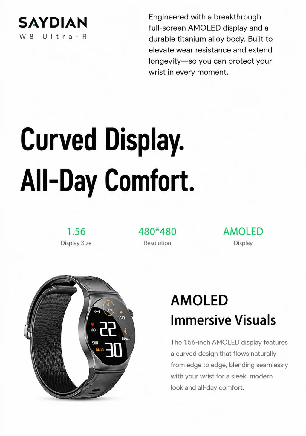 SAYDIAN W8Ultra-R Smart Blood Pressure Watch | Outdoor Health Wearable, Heart Rate Sleep Temperature Detection