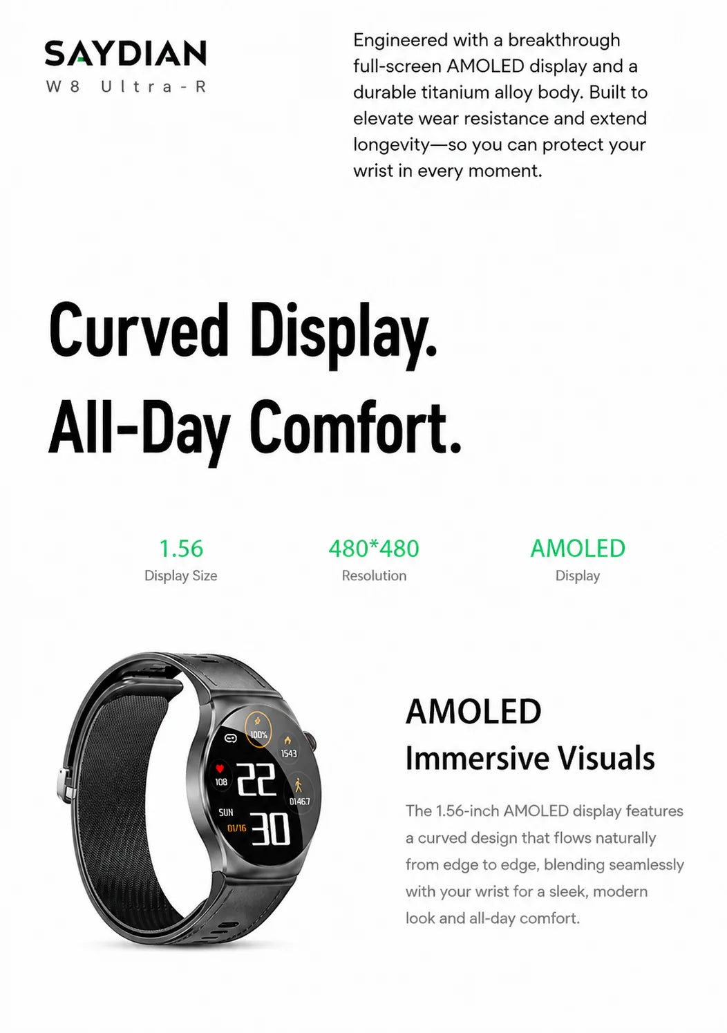 SAYDIAN W8Ultra-R Smart Blood Pressure Watch | Outdoor Health Wearable, Heart Rate Sleep Temperature Detection