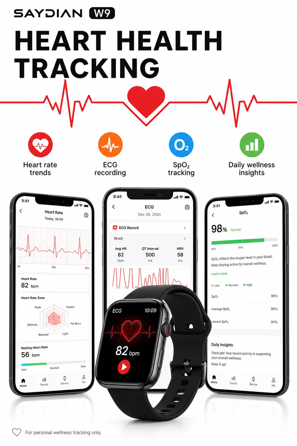 SAYDIAN W9 Blood Pressure Smartwatch