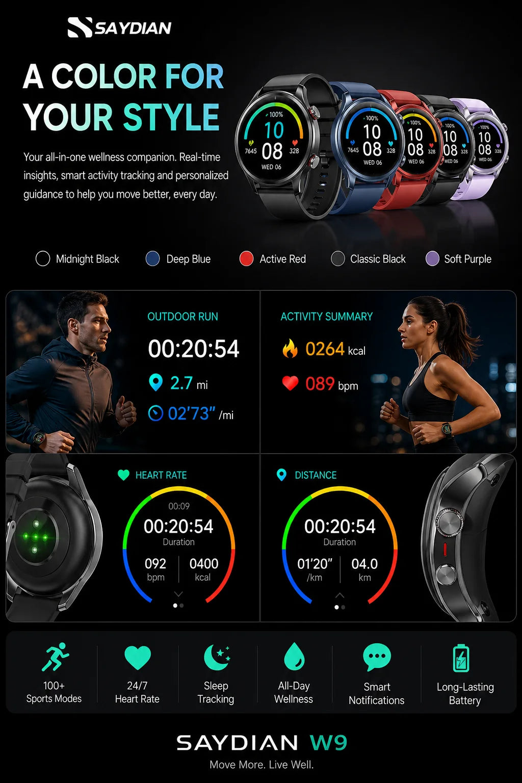 SAYDIAN W9 Blood Pressure Smartwatch