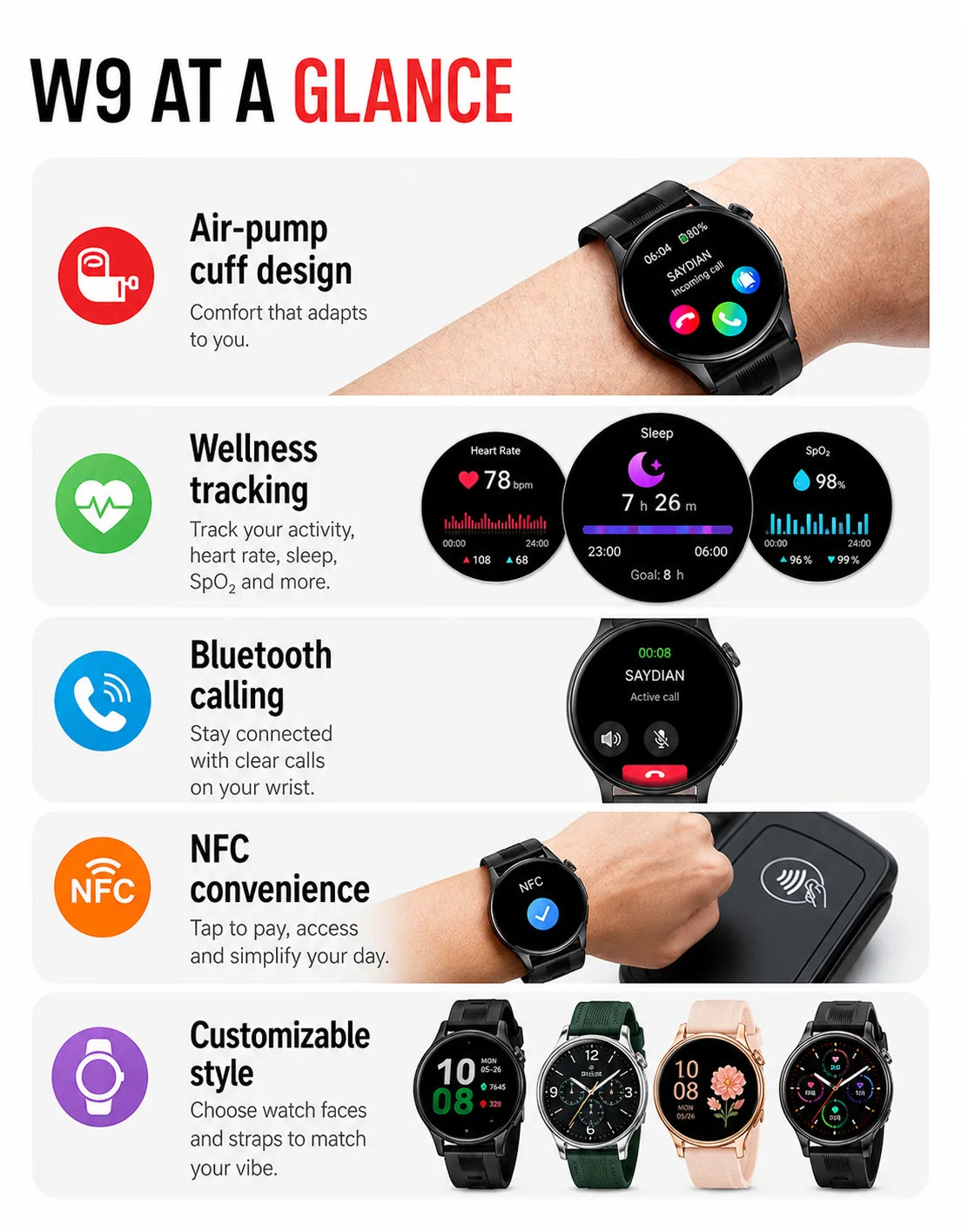 SAYDIAN W9 Blood Pressure Smartwatch