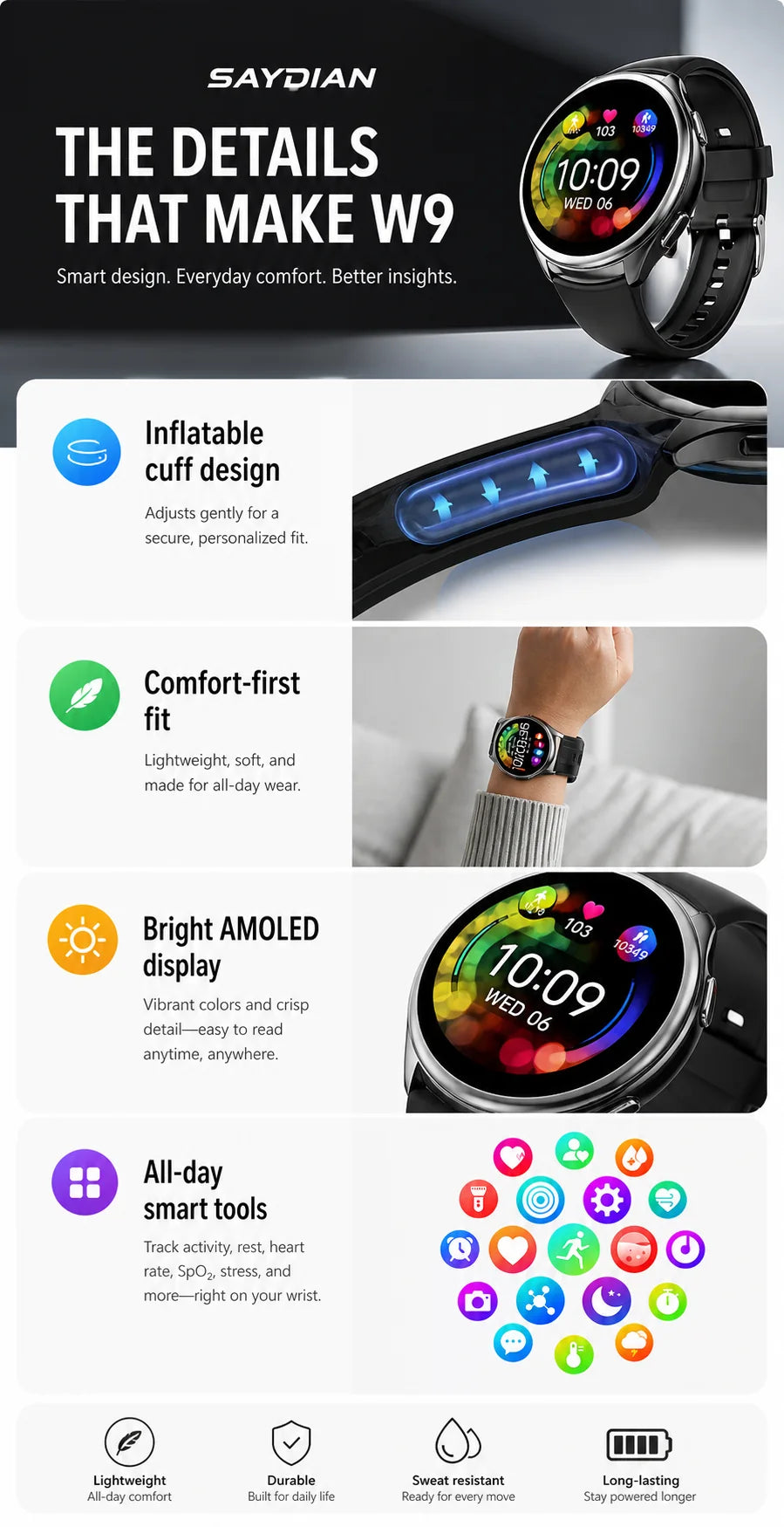 SAYDIAN W9 Blood Pressure Smartwatch